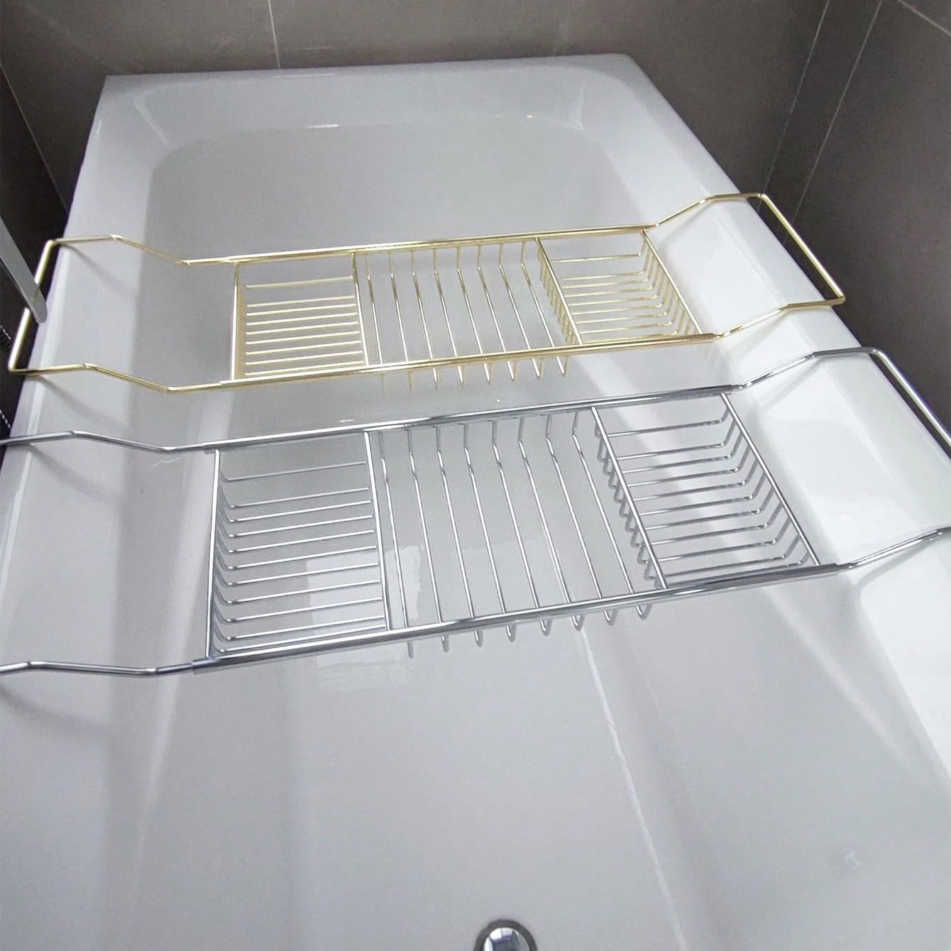 Stainless Steel Expandable Shower Bathtub Tray Over Tub Bath Caddy Expandable Bath Caddy for The Elegant Tub Chrome Polished (Silver)