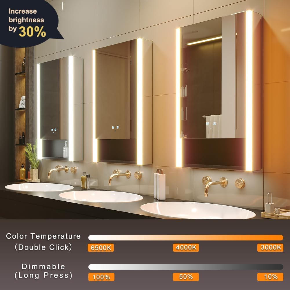 KWW LED Lighted Bathroom Medicine Cabinet with Sockets & USBs, Defogger, Dimmable, 3 Color Light Makeup Mirror, Easy to Install, Wall Mounted Cabinet (Left Hinge, 21 * 34)