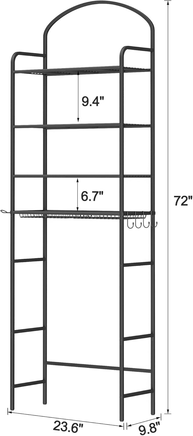 4-Tier Over The Toilet Storage, Bathroom Organizer, Space-Saving, Above Toilet Storage Rack with 4 Hooks and Paper Holder, Metal Shelf, Black
