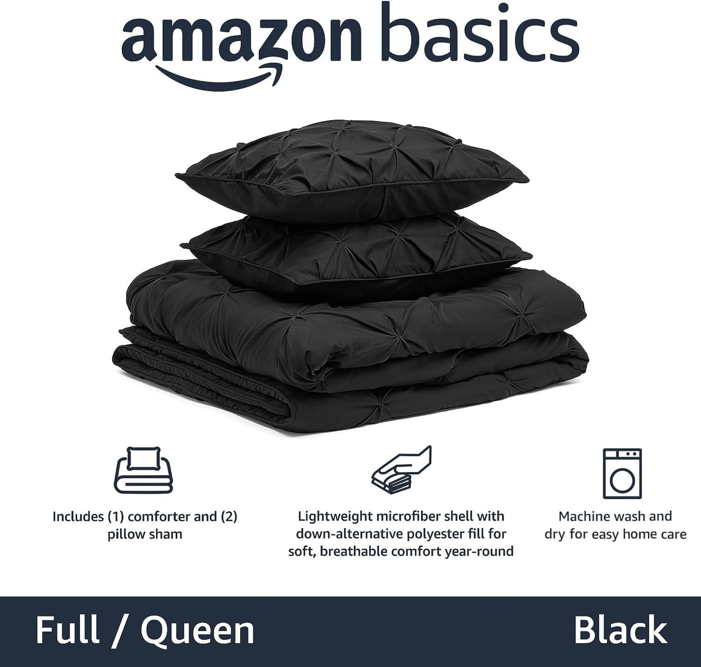 Amazon Basics Soft Full/Queen Size Comforter Sets, All-Season Down-Alternative 3-Piece Bedding Set, Pinch Pleat Design, Black