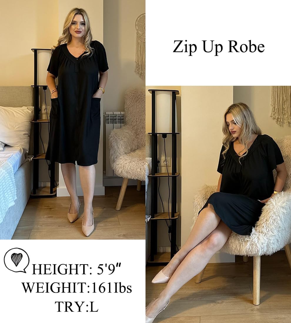 Ekouaer Women Robe Zipper Front Mumu Duster Robes Zip Up Housecoat Soft Sleepwear with Pockets S-3XL