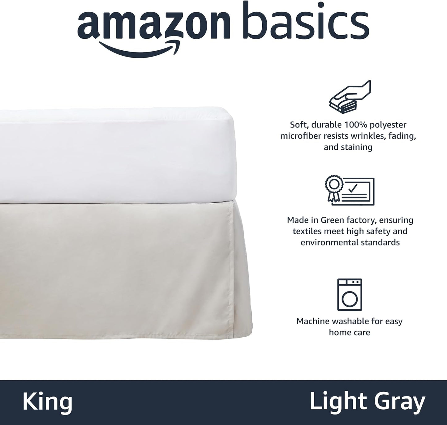 Amazon Basics Lightweight Pleated King Size Bed Skirt, Fade Resistant, Machine Washable, King, Light Grey, Solid