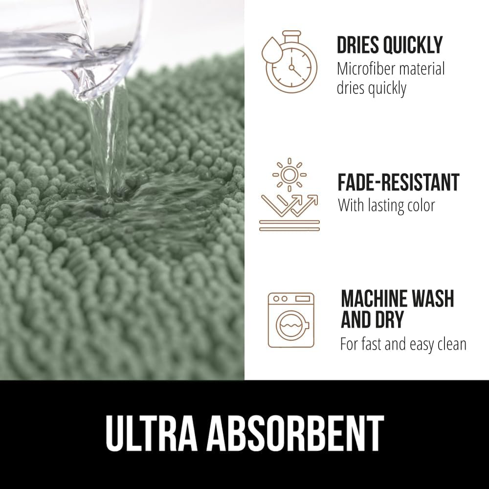 GORILLA GRIP Plush Absorbent Shaggy Chenille Bath Rug Mat for Square Toilet Base with Rubber Backing, Machine Washable Rugs, Soft Microfiber Contour Mats for Toilets, Bathroom Decor, Sage