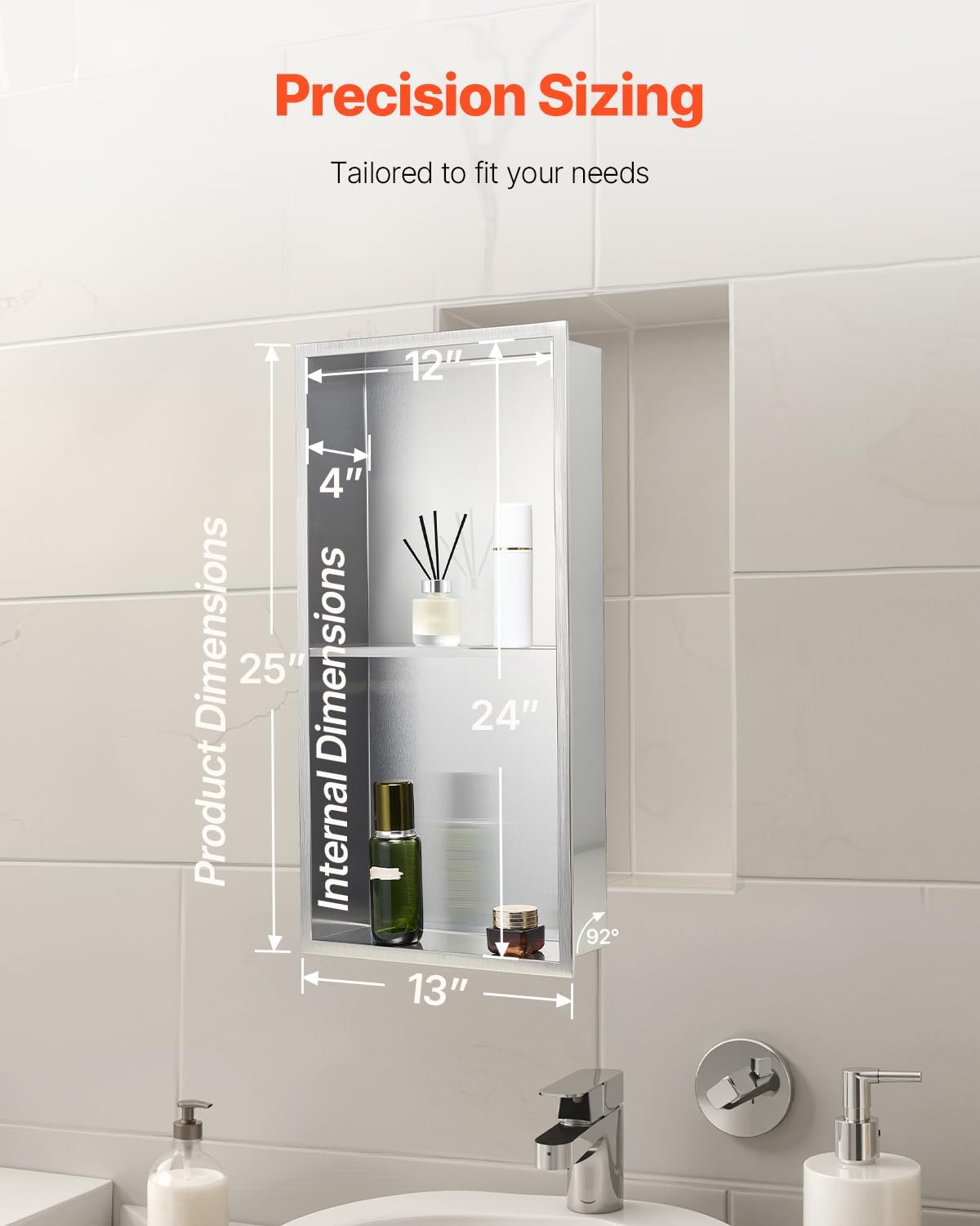 VEVOR Shower Niche, 13 x 25 x 4 inch Recessed Wall Niche Double-layer, with Hollowed-out Divider,Heavy-duty Stainless Steel Modern Shampoo Storage Organizer,Waterproof, Silver for Bathroom