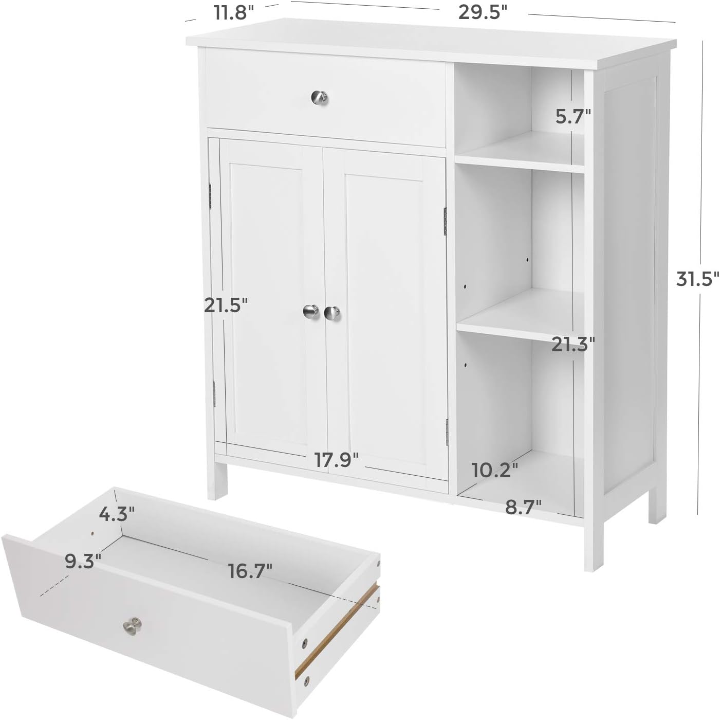 VASAGLE Floor Storage Cabinet with Drawer, Freestanding Cabinet with Doors, 3 Open Compartments, Adjustable Shelves, 11.8 x 29.5 x 31.5 Inches, for Bathroom, Living Room, Cloud White UBBC142W01