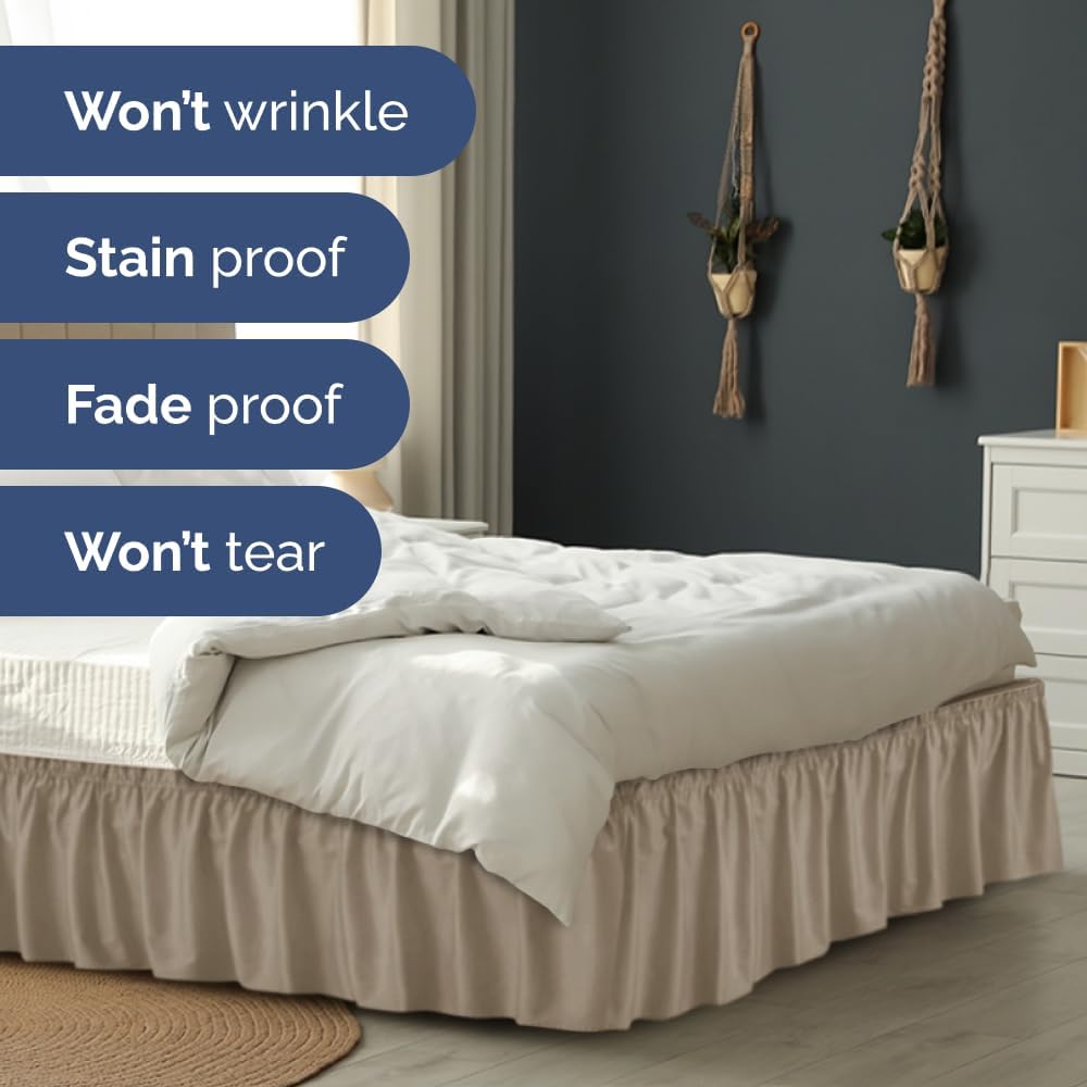 Wrap Around Dust Ruffle Bed Skirt - Cream - for King Size Beds w/ 16 Inch Drop - Easy Fit Elastic Strap - Adjustable Pleated Bedskirt w/Brushed Fabric, Wrinkle & Fade Free Women, Men, Kids & Teens