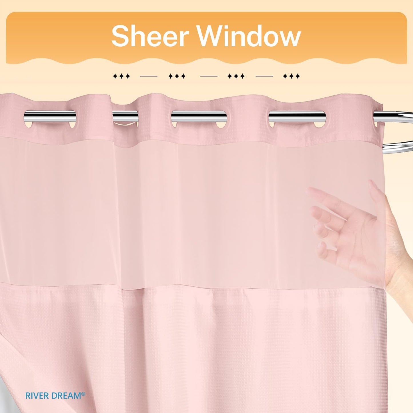 River Dream No Hooks Required Dotted Pink Shower Curtain with Snap in Liner - 71" W x 74" H,Hotel Grade,Spa Like Bath Curtain