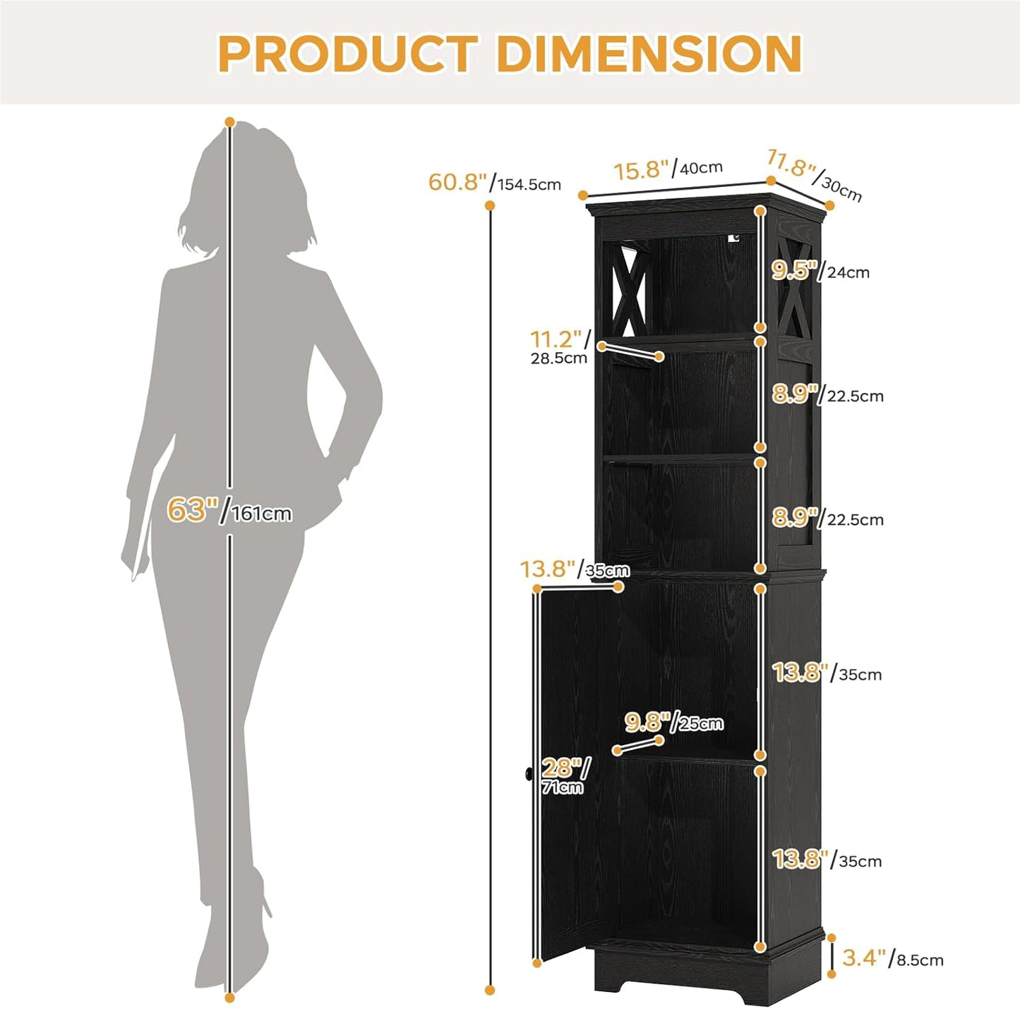 Tall Bathroom Storage Cabinet with Door and Open Adjustable Shelves, 60.9" H Wooden Tower Corner Narrow Farmhouse Cabinet, Freestanding Organizer for Kitchen, Entryway Black