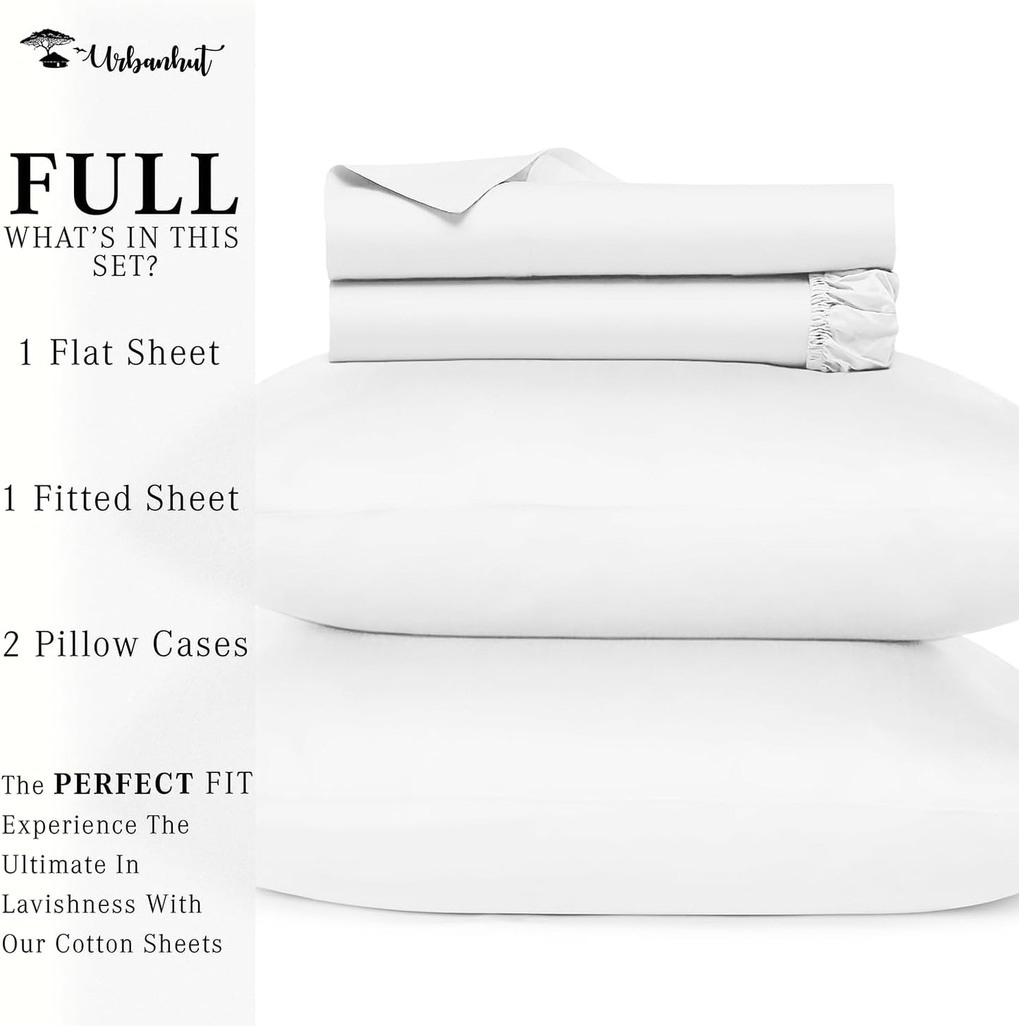URBANHUT 700 Thread Count Egyptian Cotton Sheets Full Size, 4Pc Sheet Set Soft Luxury Bed Sheets for Full Size Bed, Sateen Weave Hotel Sheets, 16'' Elasticized Deep Pocket - White