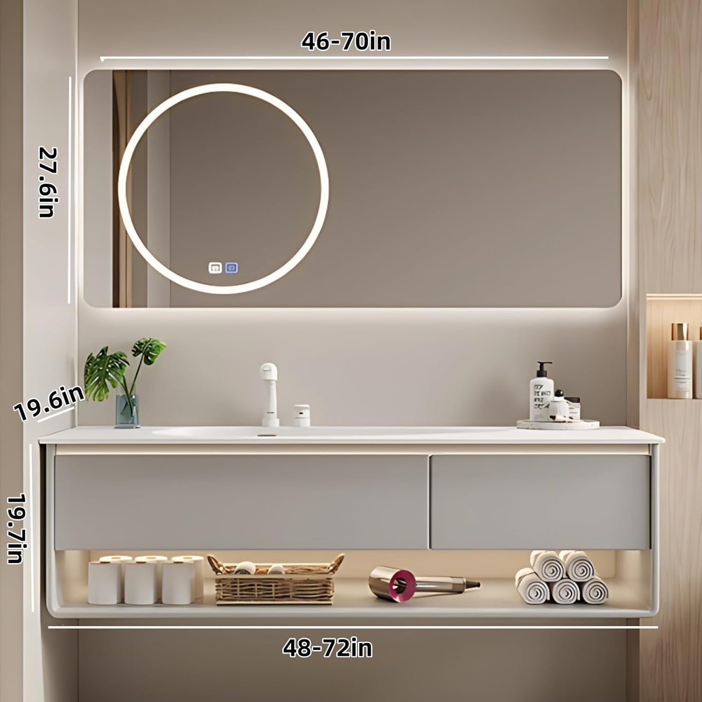 60IN Grey Bathroom Vanity Set - Floating Bathroom Vanity with Single Sink | Including LED Smart Defogging Mirror Cabinet & Time Display Function, Equipped with Motion Sensing Light Strip (Style B)