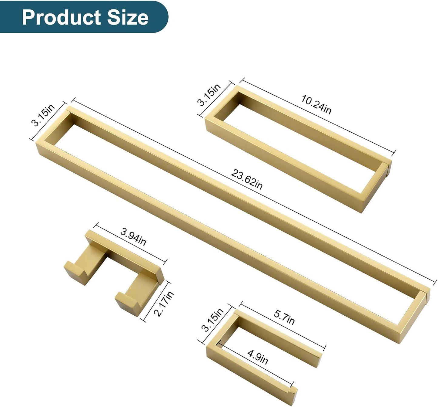 TNOMS 4-Piece Modern Gold Bathroom Hardware Accessories Set - Towel Bar & Holder, Stainless Steel, Wall Mounted, 23.6 Inch