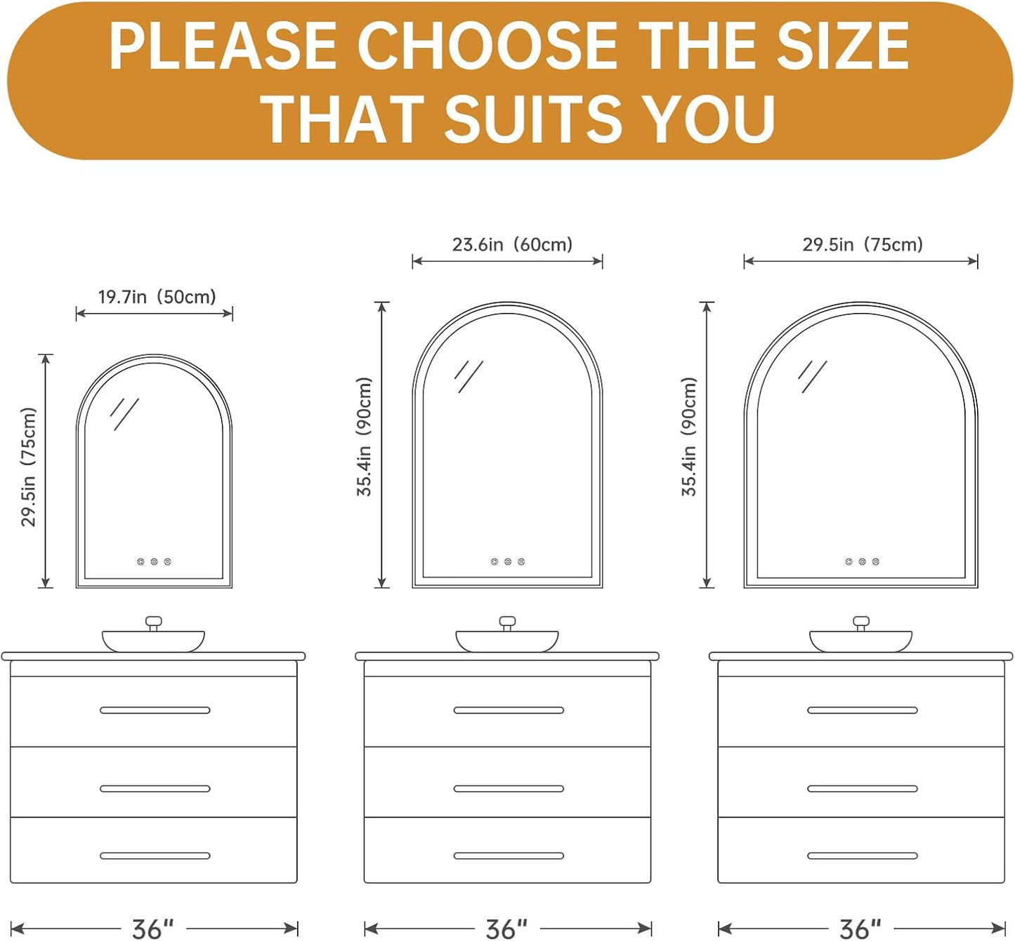 Arched Backlit Mirror Bathroom 24"x36"- Frameless LED Bathroom Mirror with Lights, Fogless, Dimmable, 3 Color Changing, Shatterproof, Touch Sensor