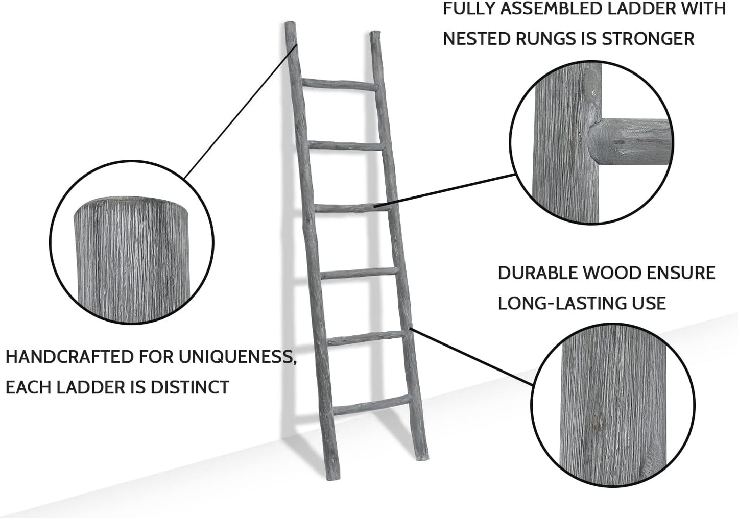FUIN Fully Assembled 6ft Wood Blanket Ladder Living Room Decorative Wall Leaning Farmhouse Quilt Display Holder Rustic Wooden Towel Rack for Bathroom, Light Gray & Whitewashed