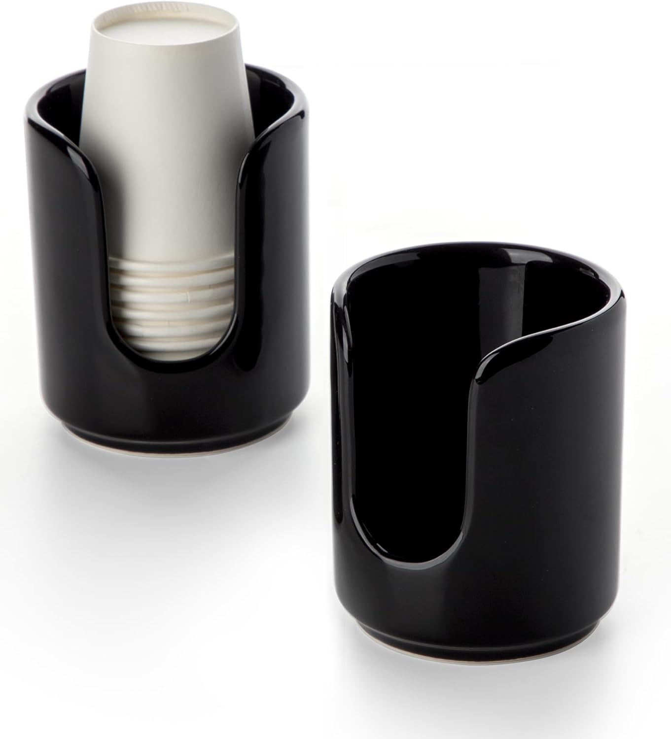 3 oz Original Ceramic Bathroom Cup Dispenser with 5 PLA Paper Cups, Bathroom Essential Accessories for Mouthwash Holder on Bathroom Vanity Countertops (2 Pack, Black)