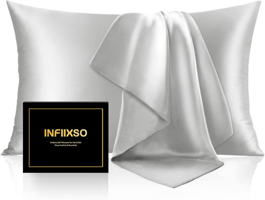 INFIIXSO Mulberry Silk Pillow Cases King Size Set of 2, Silk Pillowcase with Hidden Zipper 20"x36", Extraordinary Smooth and Soft Pillow Case for Hair and Skin(Light Grey, 2 Pack)