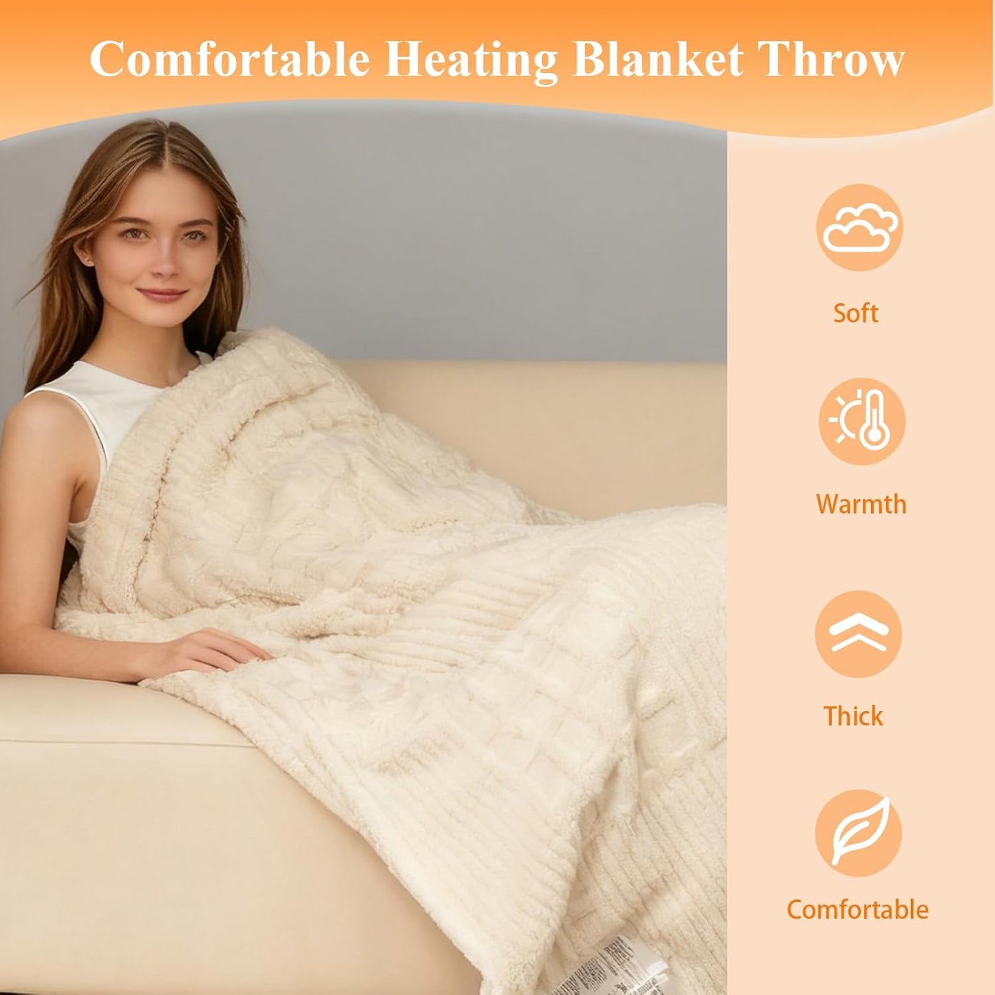 Heated Blanket Electric Throw, 50"X60" Waffle Heating Blanket with 12 Heat Levels, Fast Heating Blanket with 1-12 Timer Settings, Overheat Protection with ETL & FCC for Home Office Sofa (Milky White)