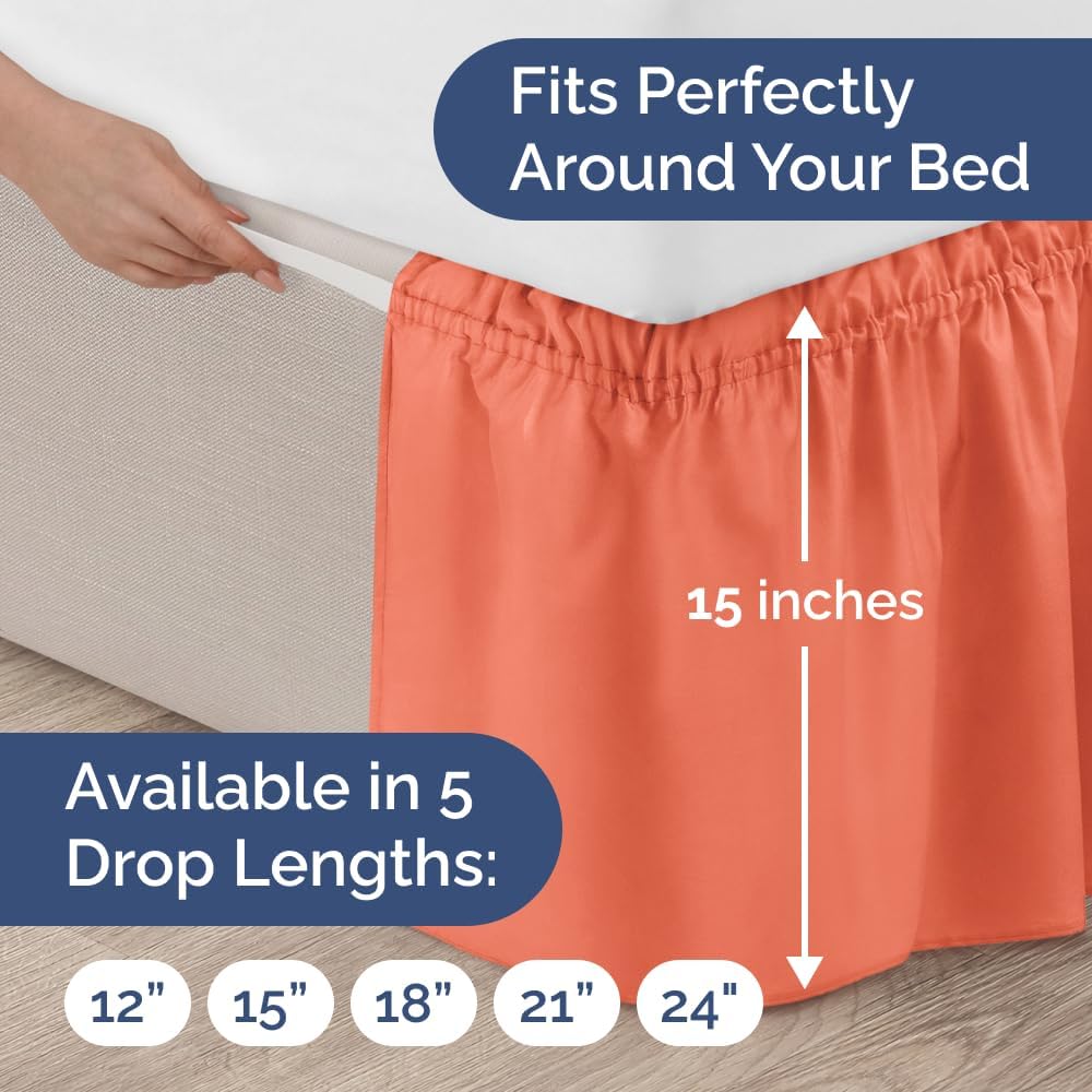 Wrap Around Dust Ruffle Bed Skirt - Coral - for Queen Size Beds with 15 Inch Drop - Easy Fit Elastic Strap - Adjustable Pleated Bedskirt w/Brushed Fabric - Wrinkle Free - for Women, Men, Kids & Teens