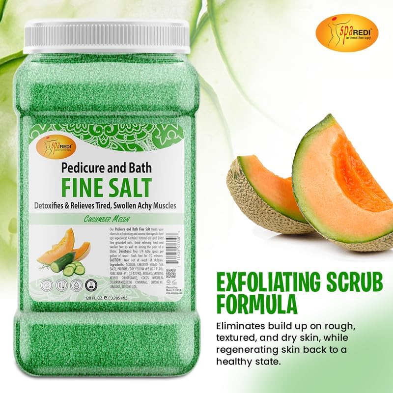 SPA REDI - Detox Foot Soak Pedicure and Bath Fine Salt, Cucumber and Melon, 128 Oz - Made with Dead Sea Salts, Argan Oil, Coconut Oil, and Essential Oil - Hydrates, Softens and Moisturizes