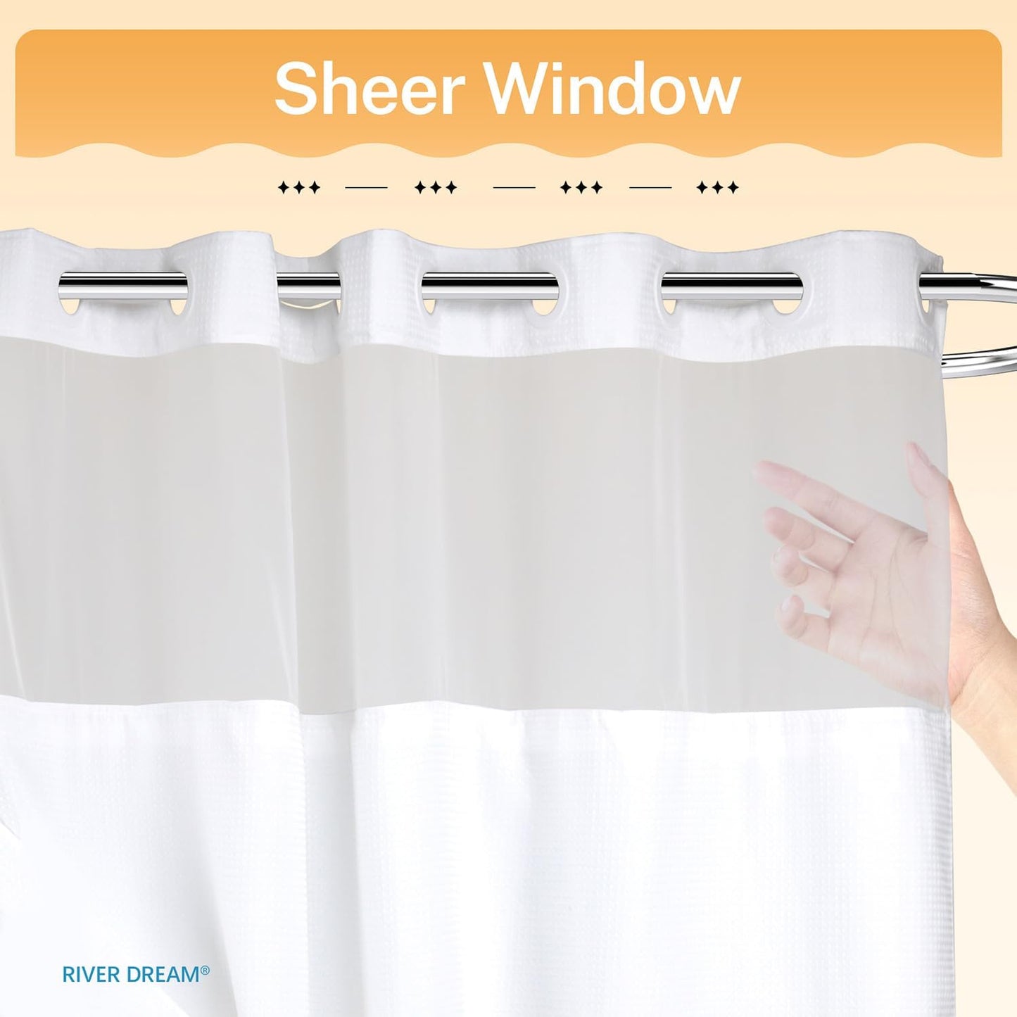 River Dream Heavyweight No Hooks Required Dotted Waffle Weave Shower Curtain with Snap in Liner - 60W x 74L, Hotel Grade, Spa Like Bath Curtain, White