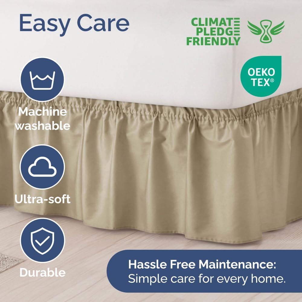 Wrap Around Dust Ruffle Bed Skirt - Beige - for Queen Size Beds with 12 Inch Drop - Easy Fit Elastic Strap - Adjustable Pleated Bedskirt w/Brushed Fabric - Wrinkle Free - for Women, Men, Kids & Teens