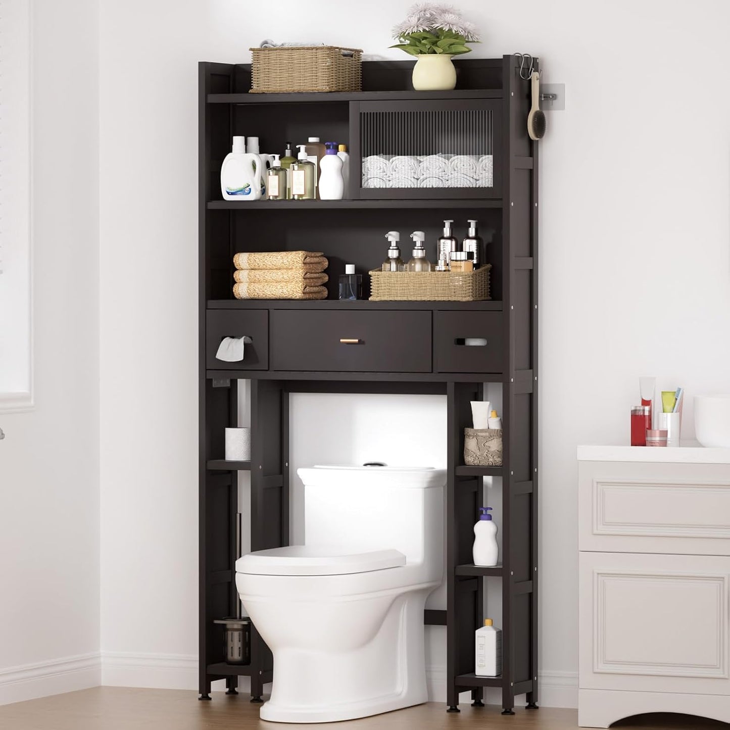 Over The Toilet Storage Cabinet with Acrylic Sliding Door Panel, Bamboo Organizer Shelf with 2 Paper Drawers and 1 Big Drawer,Space Saver Rack for Bathroom (Brown)