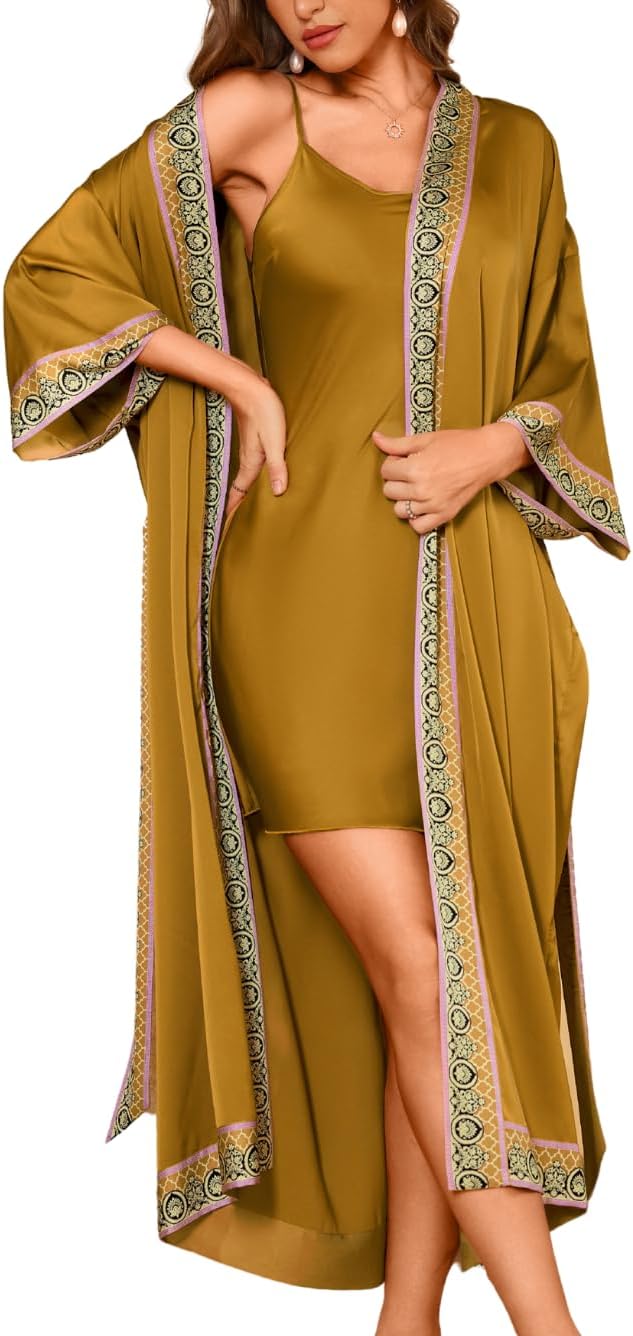 Satin Robe Sets For Women, 2-PC Lightweight Bathrobe, Silk Sleepwear Kimono Bridesmaid Sexy Robes