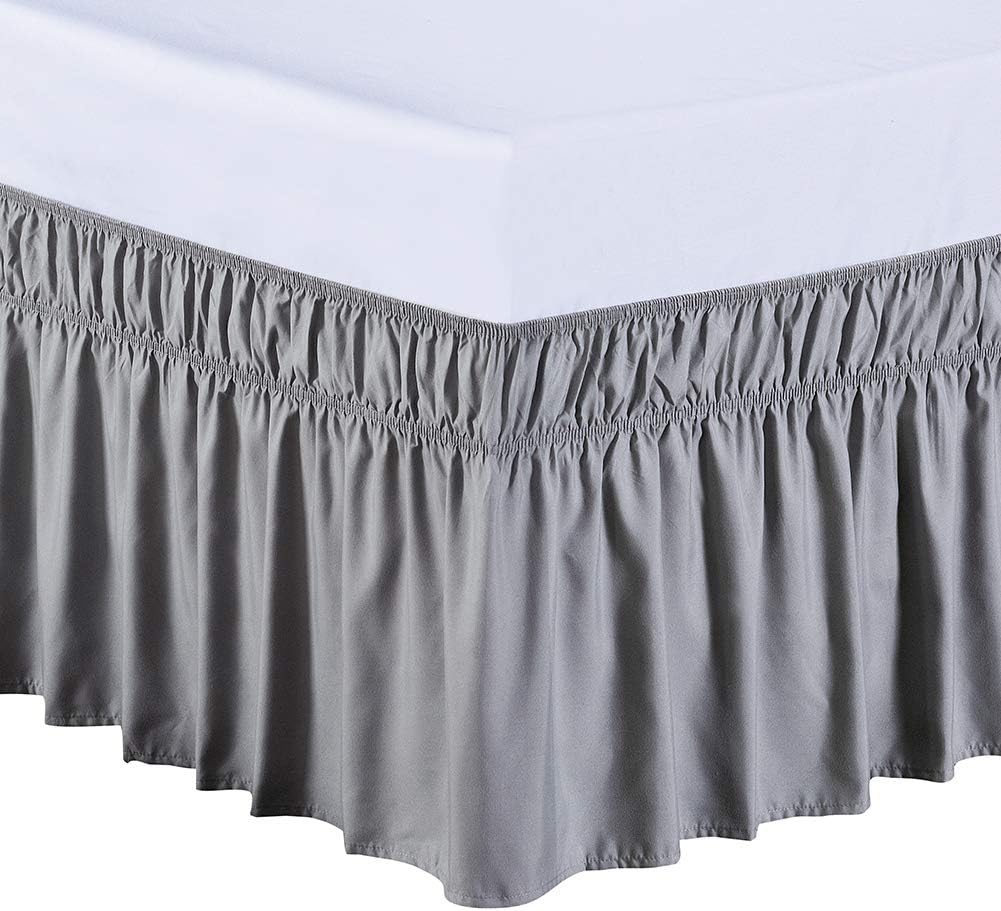 MEILA Wrap Around Bed Skirt Three Fabric Sides Elastic Dust Ruffled 24 Inch Tailored Drop,Easy to Install Fade Resistant-Grey, Queen/King