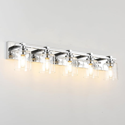 5 Light Modern Bathroom Light Fixtures Over Mirror, Chrome Vanity Lights for Bathroom Wall Sconces with Clear Glass Shades, E26 Socket (Bulbs Not Included)
