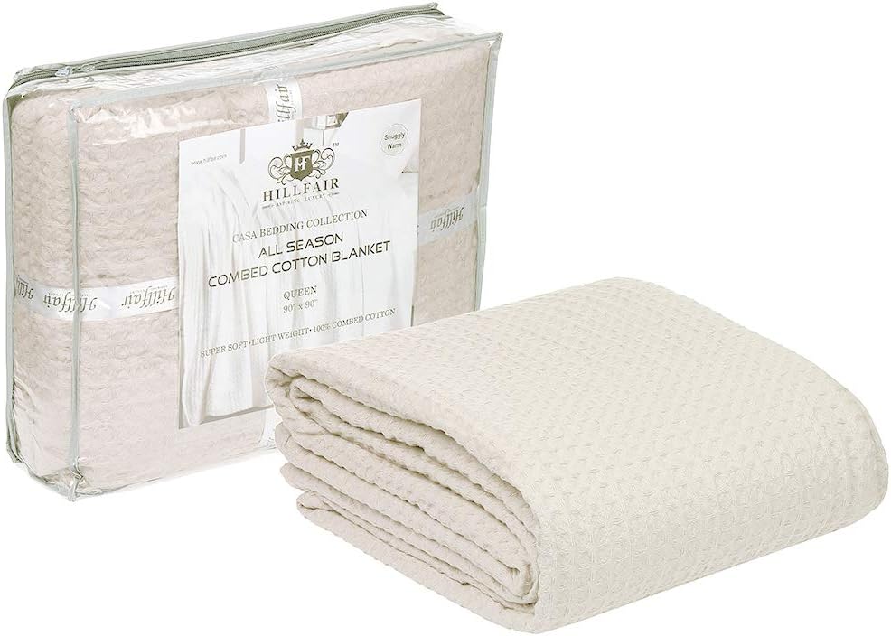 HILLFAIR 100% Combed Cotton Blanket– Queen Size Bed Blanket– Warm Soft All Season Breathable Lightweight Summer Blankets– Waffle Weave Home Decor Bed Blanket- Ivory Queen Bed Cotton Blankets/Bedcover