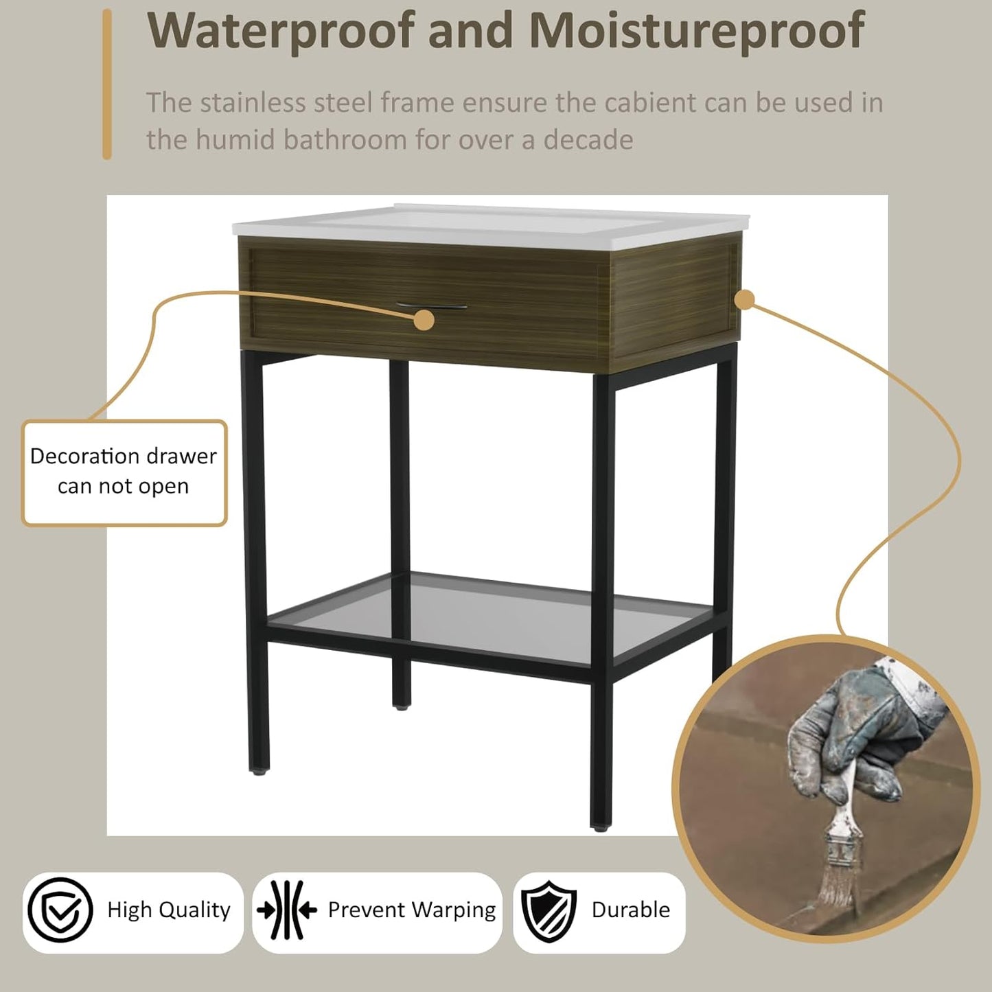 24 Inches Bathroom Vanity with Resin Sink, Single Sink Modern Cabinet Set, Stainless Steel Frame with Tempered Glass Open Shelf, Freestanding Bathroom Storage Cabinet Combo, Black