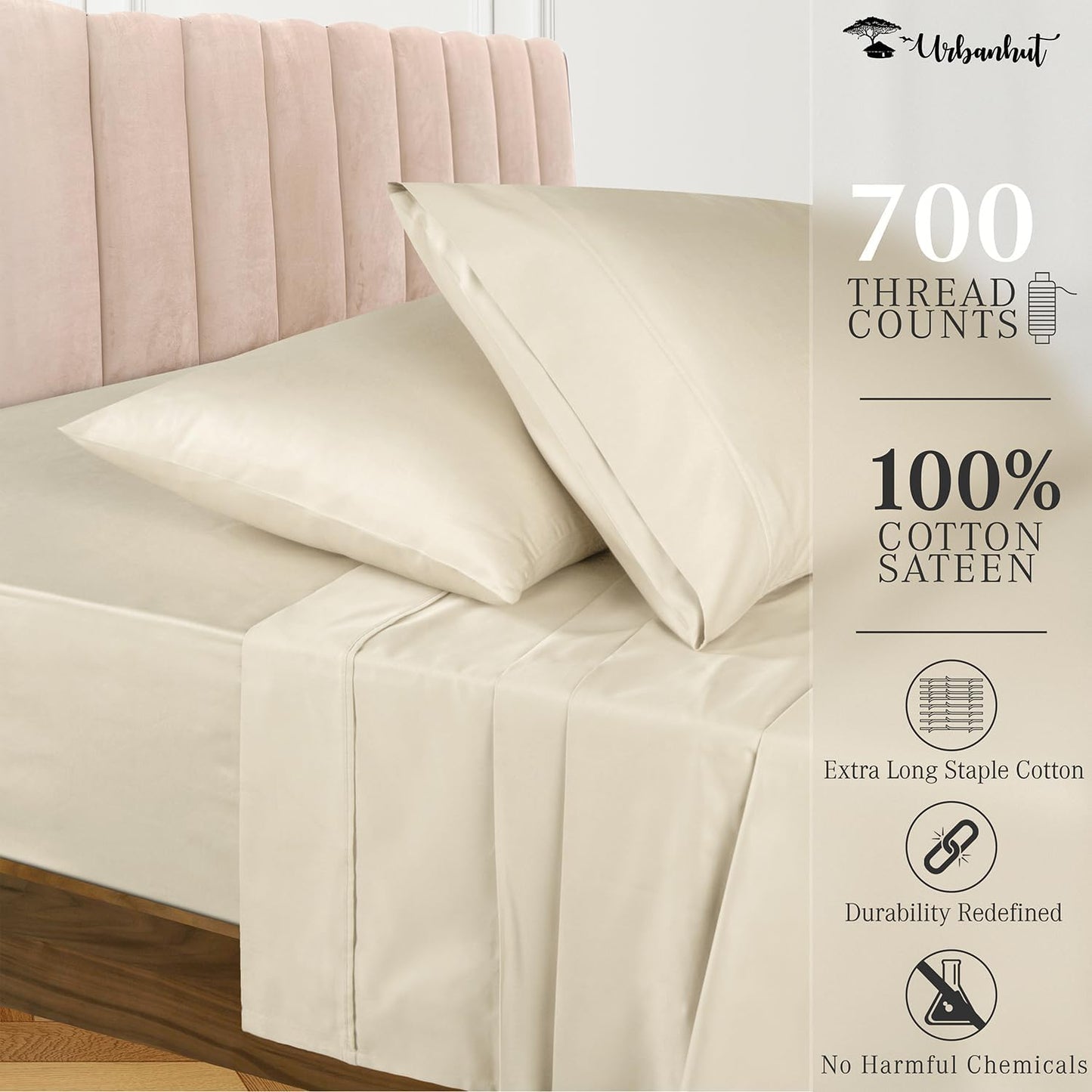 URBANHUT 700 Thread Count California King Sheet Set Egyptian Cotton Sheets, 4Pc Sheet Set Soft Luxury Bed Sheets for Cal King Size Bed, Sateen Weave Hotel Sheets, 16'' Elasticized Deep Pocket - Ivory