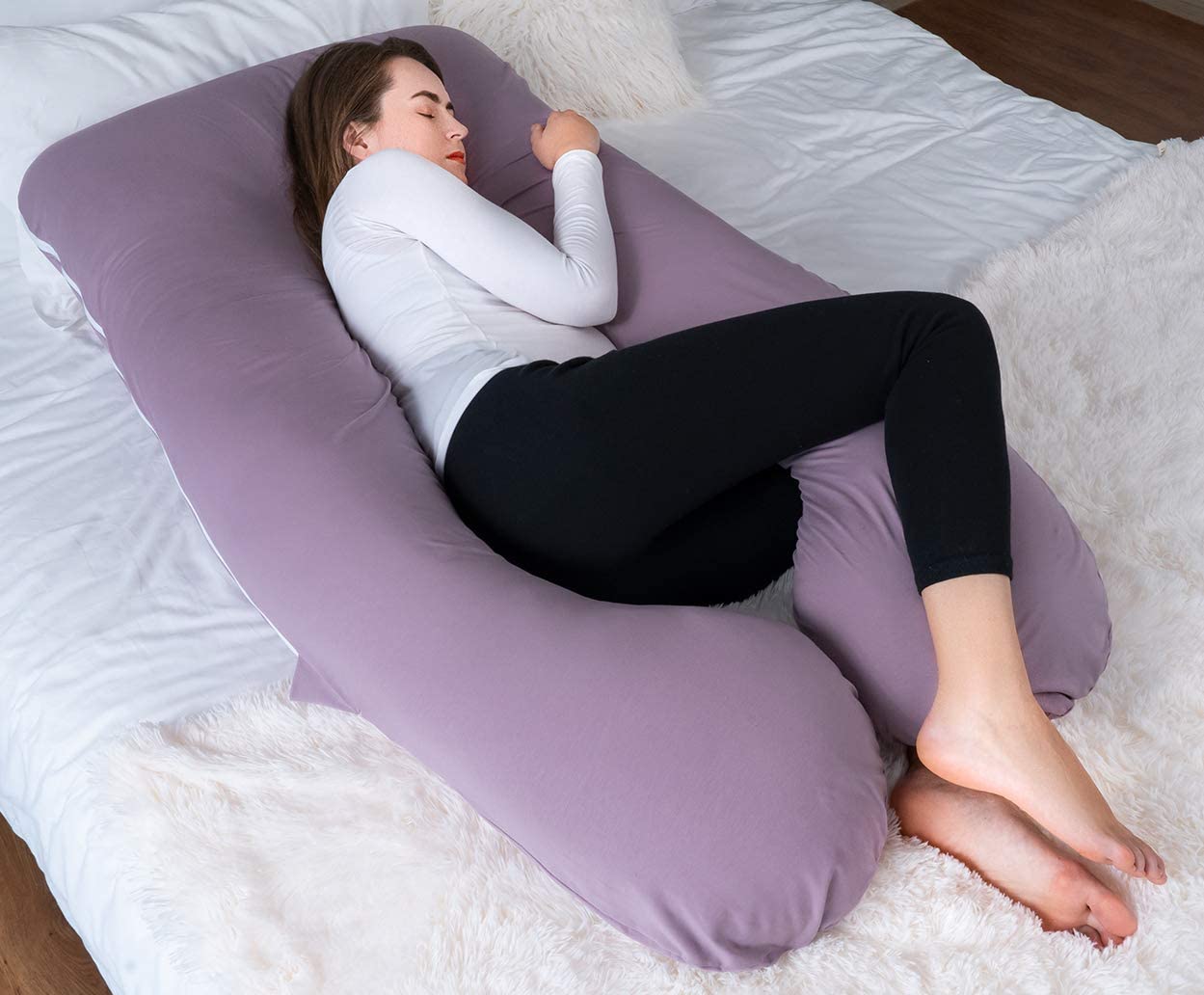 Meiz U Shaped Sleeping, Cooling 60‘’ Maternity Pillow for Pregnant Women with Jersey Cover, Purple