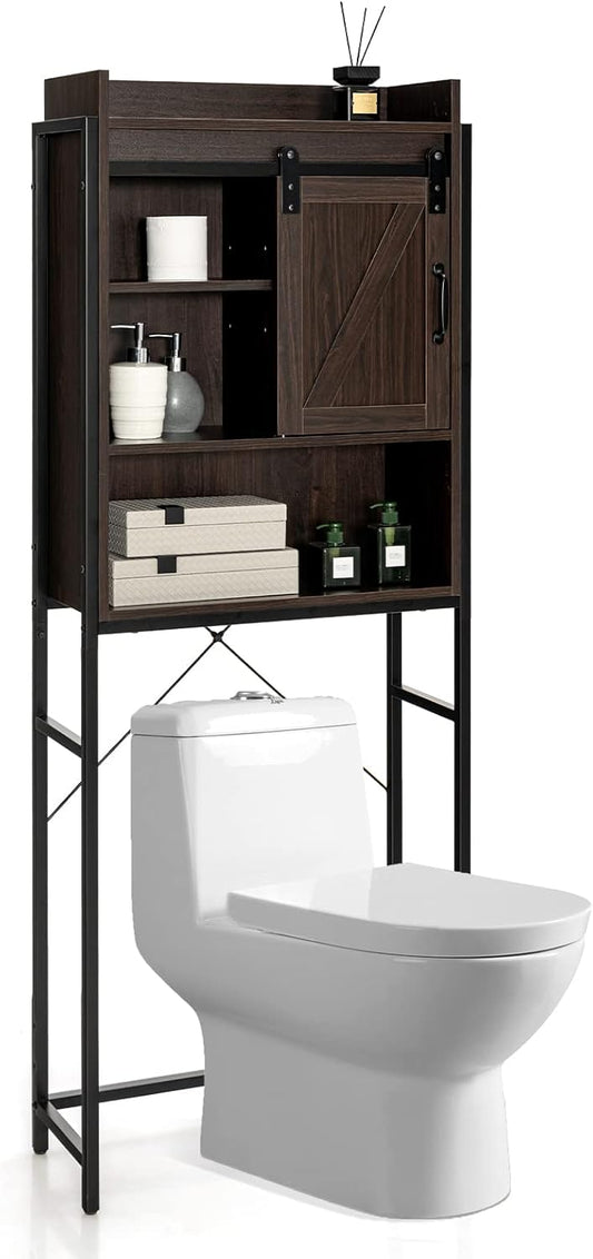 Giantex Over The Toilet Storage Cabinet - Freestanding Bathroom Organizer Rack with Adjustable Shelf, Sliding Barn Door, Paper Holder, Bathroom Space Saver, Above Toilet Storage Cabinet (Espresso)