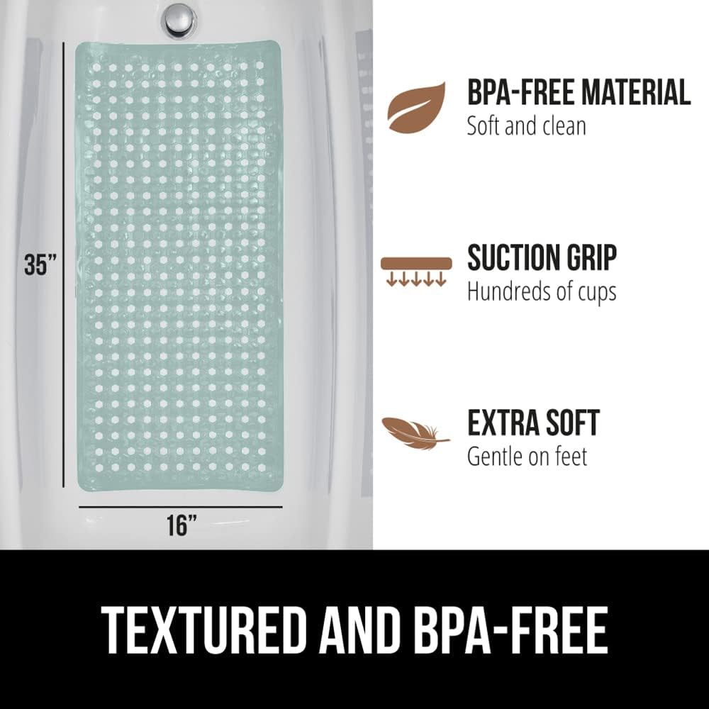 GORILLA GRIP Patented Bath Tub Shower Mat, Machine Washable Bathtub Floor Liner Mats, Suction Cups and Drain Holes to Keep Tubs Clean, Soft on Feet, Bathroom Essentials, 35x16 Inch, Mint Opaque