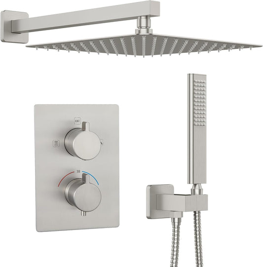 Iriber Thermostatic Shower System Wall Mount with 12 Inch Rainfall Shower Head and Handheld Bathroom Shower Set Contain Shower Faucet Mixer Valve Trim Kit (Valve Included),Brushed Nickel