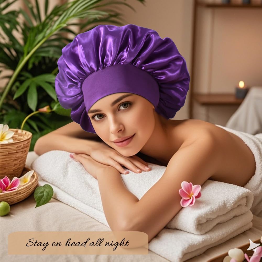 3+3 Large Satin Bonnets with Scrunchies for Women, Wide Band Hair Bonnet for Sleeping Braids Curly Hair