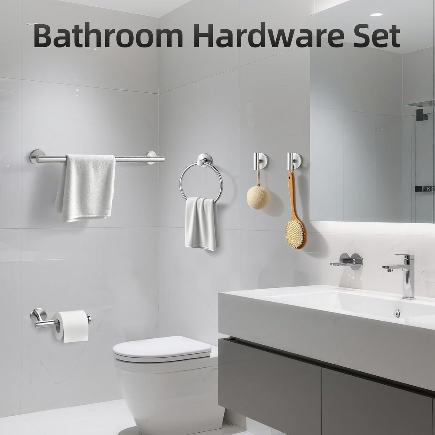 Brushed Nickel Towel Bar Set 5 Pieces, SUS304 Stainless Steel Bathroom Hardware Set, Bathroom Towel Holder Set Wall Mounted-16 Inch Towel Bar, Toilet Paper Holder, Towel Hooks, Towel Ring