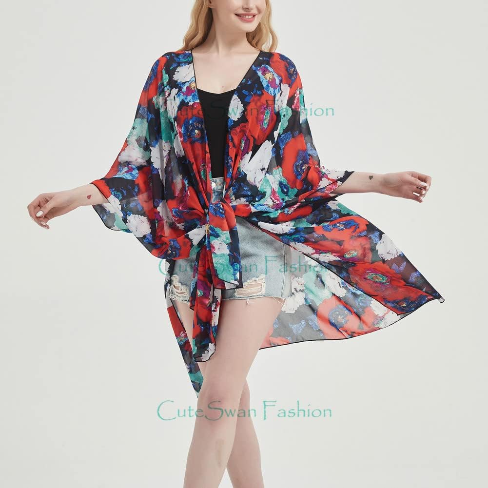 Women's Bohemian Floral Chiffon Beach Cover up Swimsuit Kimono Summer Swimwear Cardigans