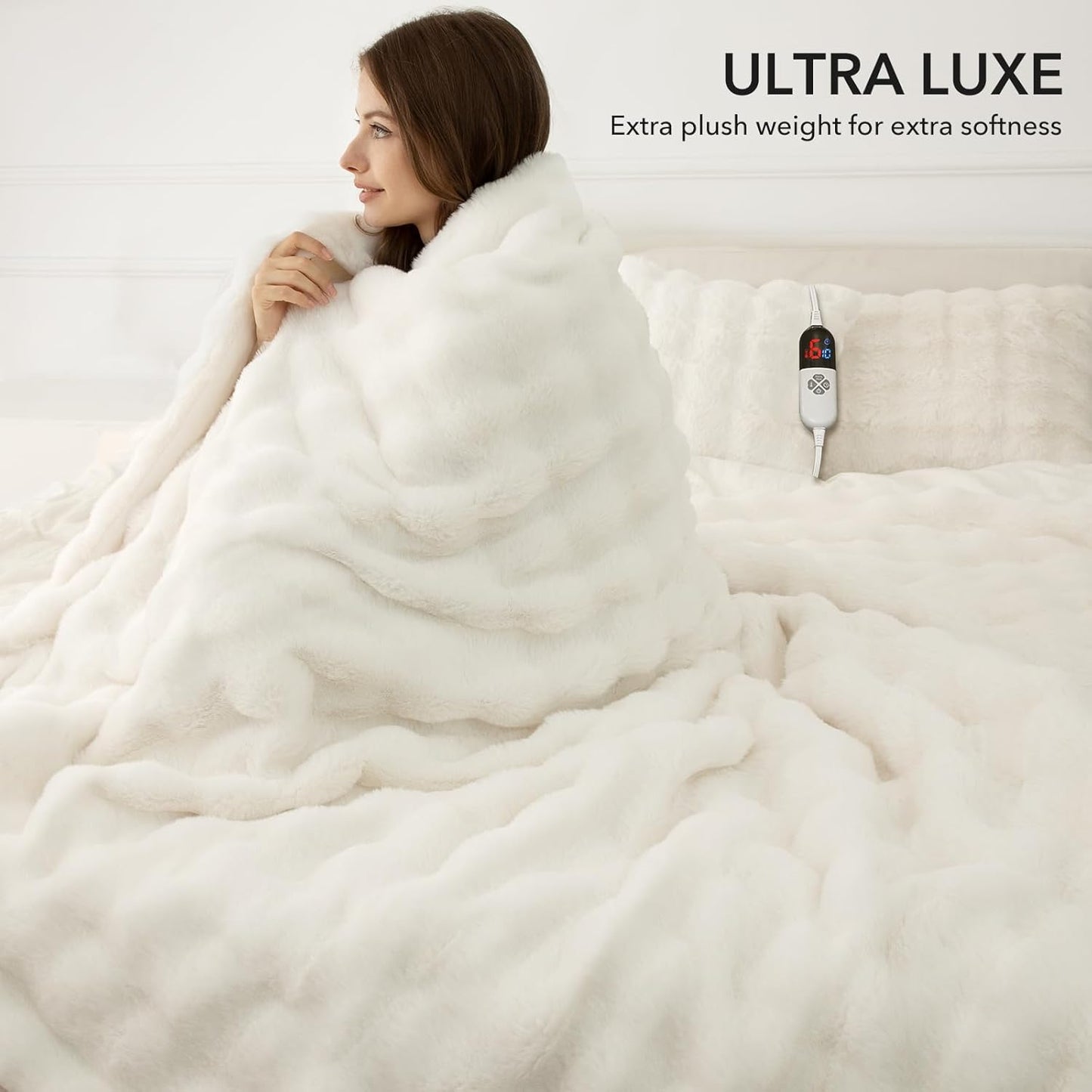 Faux Rabbit Fur Bubble Electric Blanket Full White - Fuzzy Soft Plush Heated Blanket Full Size with 6 Heating Levels & 10 Timer Settings, Home Decor Gifts for Women, ETL Certified, 72" x 84"
