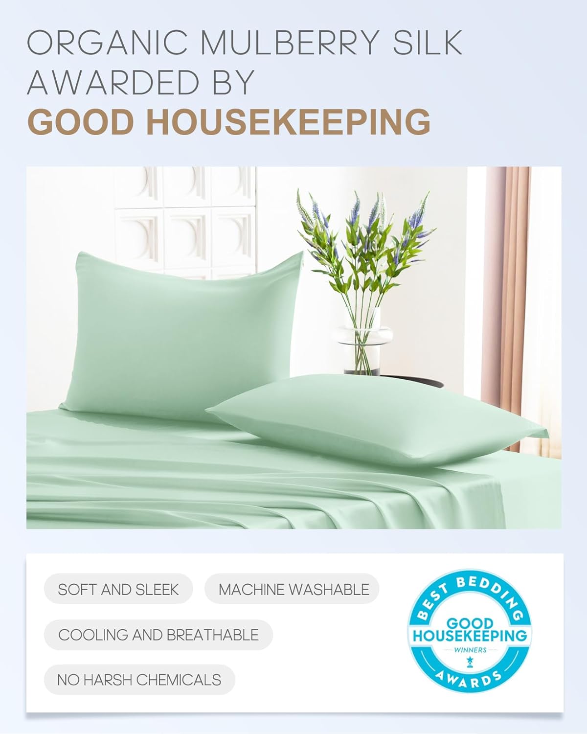 THXSILK 100% Mulberry Silk Pillowcase for Hair and Skin Health, 22 Momme Soft and Smooth Pillowcases with Hidden Zipper, Both Sides Premium Grade 6A+ Silk, 1pc (Standard 20"x26", Turquoise Green)