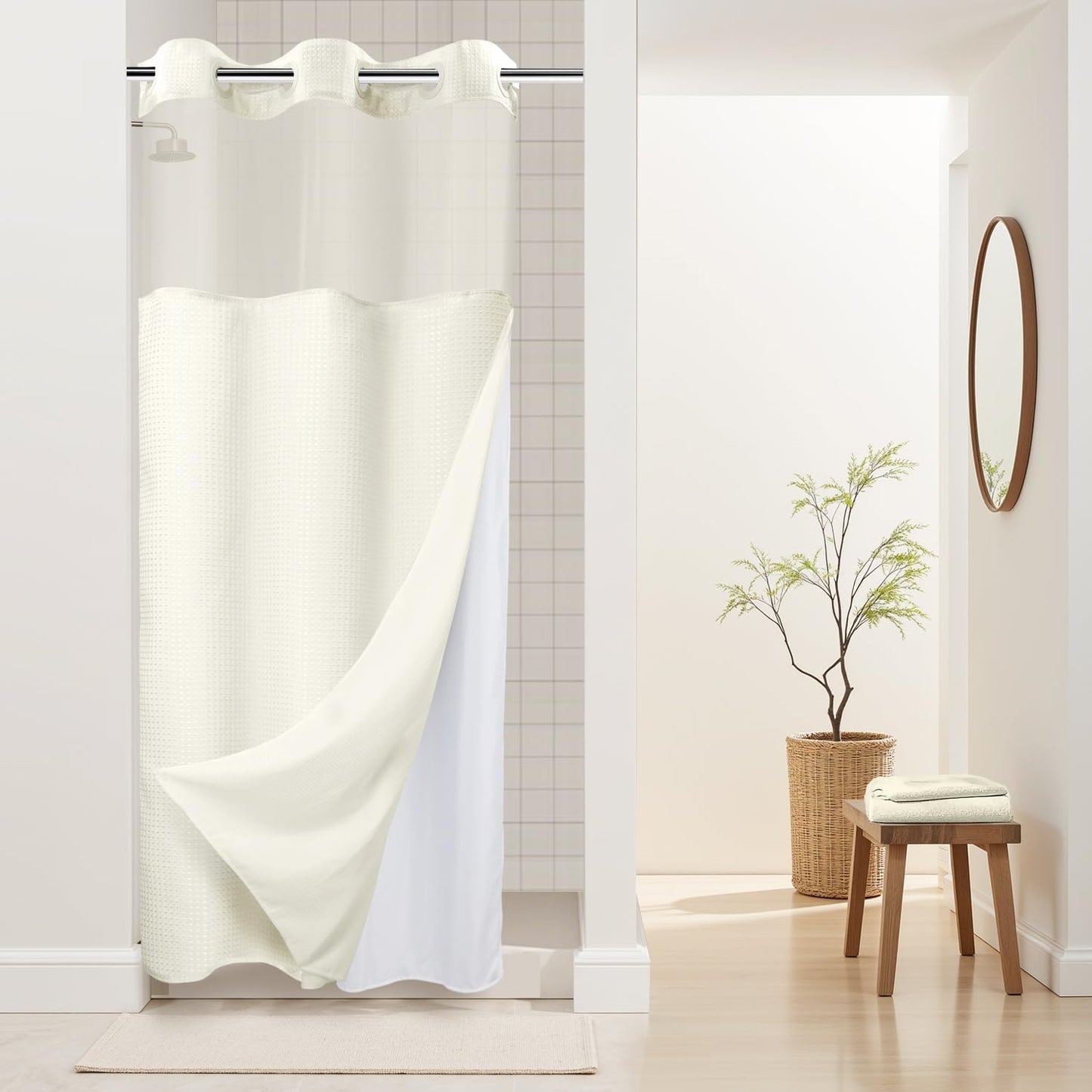 River Dream Stall Heavyweight No Hooks Required Dotted Waffle Weave Shower Curtain with Snap in Liner - 36W x 74H,Hotel Grade,Spa Like Bath Curtain,Graphite Cream
