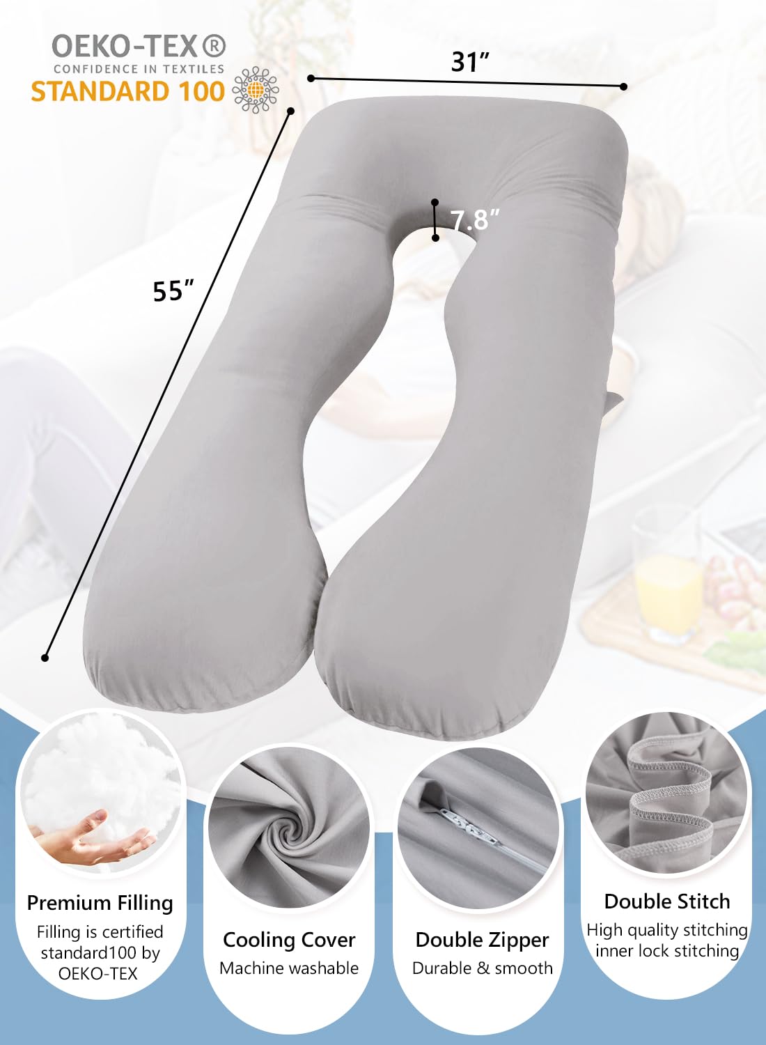 Meiz Pregnancy Pillow, Cooling Silky Pregnancy Pillows for Sleeping, Maternity Body Pillow for Pregnant Woman with Cooling Silk Jersey Cover, Light Grey