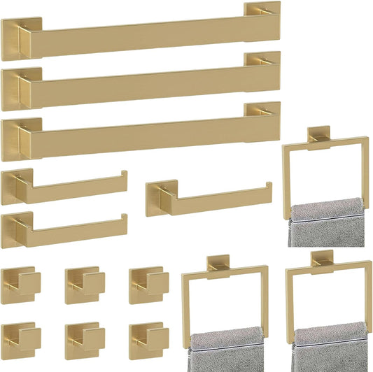 Bathroom Accessory Towel Bar Set: 15 Pieces Gold Bathroom Hardware Square SUS304 Stainless Steel - Wall Mounted Towel Rack&Toilet Paper Holder&Towel Ring and Towel Hook