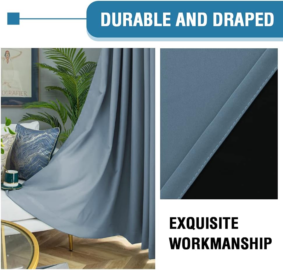H.VERSAILTEX 100% Blackout Curtains for Bedroom Thermal Insulated Curtains & Drapes Blackout Curtains 84 Inches Long Rod Pocket Curtains for Living Room with Black Liner 2 Panels Set, Stone Blue
