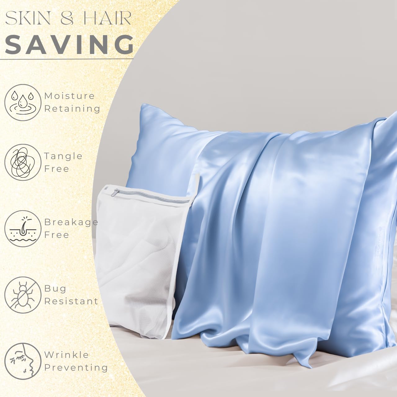 PROMEED 100% Mulberry Silk Pillowcase Set of 2, Both Sides Natural Silk Pillow Case 2 Pack Cooling Pillow Cases for Hot Sleepers, Hidden Zipper Closure (Queen 20"x30", Light Blue)