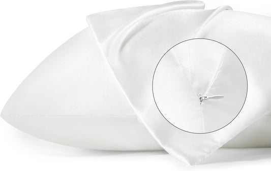 Bedsure Satin Pillowcase with Zipper, Similar to Silk Pillow Cases 2 Pack, White Satin Pillow Cases Standard Size, Silky & Soft Pillow Covers for Hair and Skin, Gifts for Women Men, 20x26 Inches