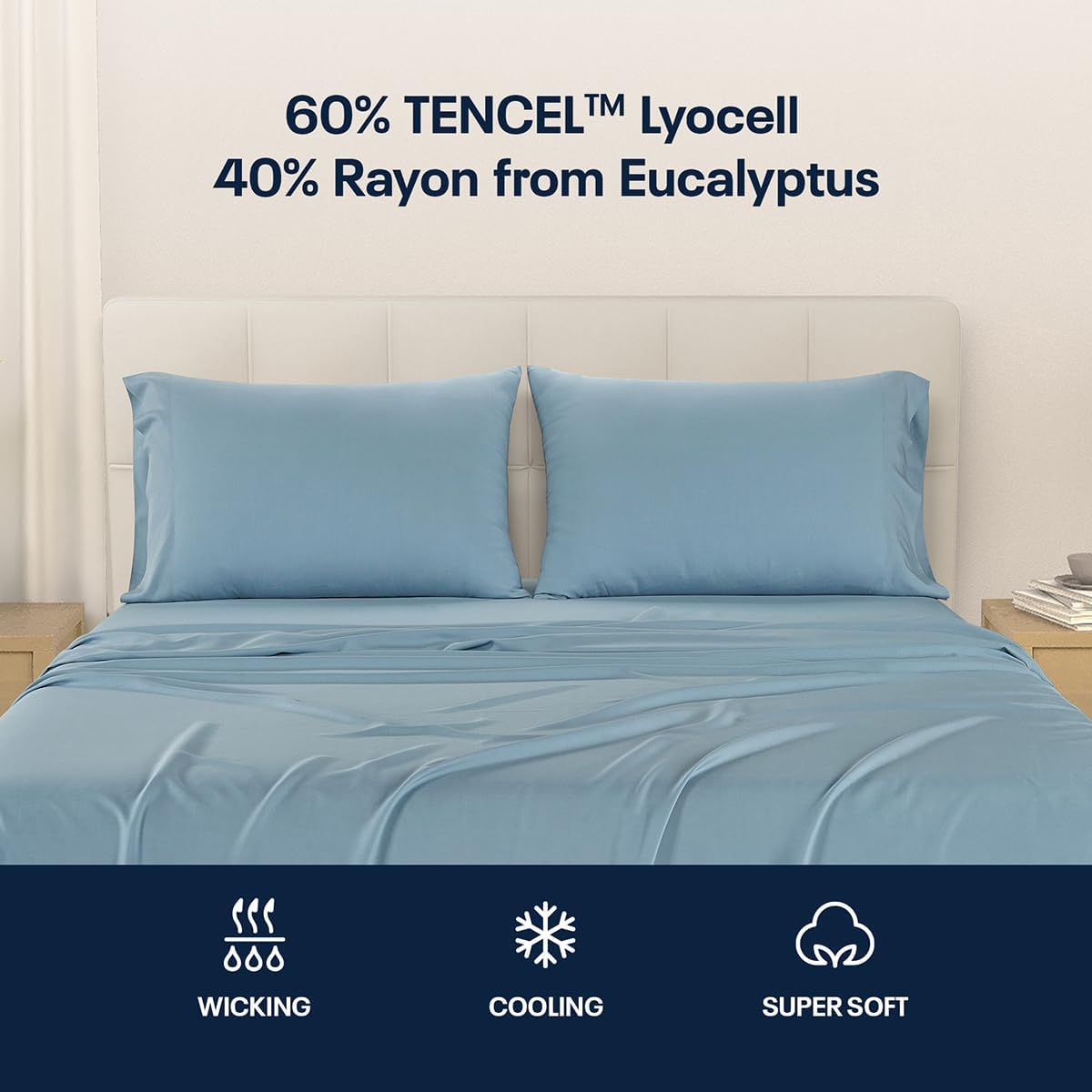 Reebok Queen Sheet Set from Tencel Eucalyptus - Soft, Cooling & Breathable for Hot Sleepers, Deep Pocket Up to 17 Inches, 4Pc Hotel Luxury Bedding Set, Bedsheet & Pillowcases (Niagara Mist, Queen)