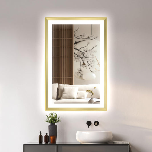 24 x 36 Gold Bathroom LED Mirror – Frontlit & Backlit Vanity Mirror with Antifog & Shatter Proof Tempered Glass, Aluminium Frame Bathroom Mirror, Comes with 3 Colour Lights Option (Gold, 24 * 36)