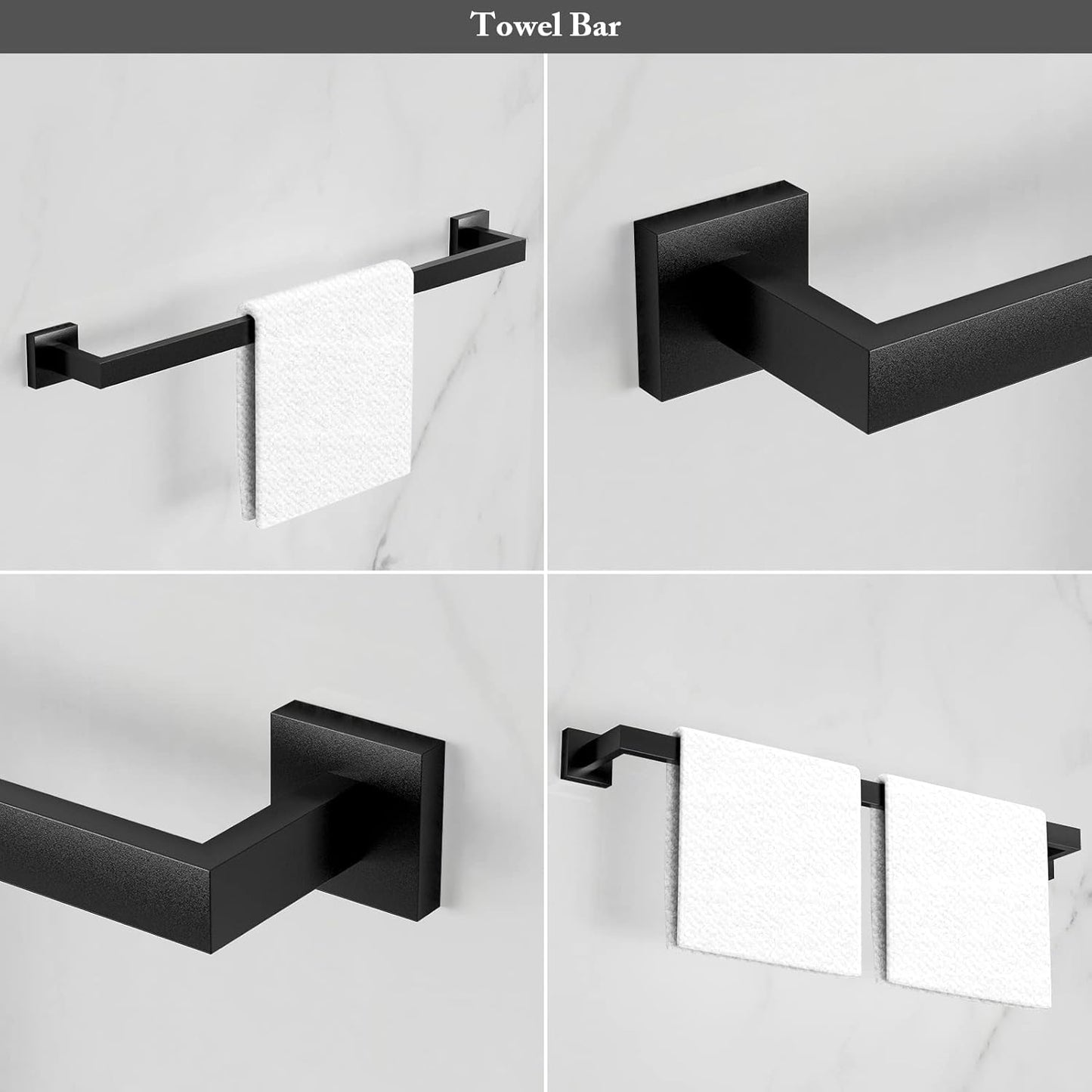 Ralbay 24" Matte Black Towel Bar 3-Pieces Set SUS 304 Stainless Steel Square Style Wall Mounted Towel Rack Set, Includes 24" Towel Single Bar, Toilet Paper Holder, Robe Towel Hook