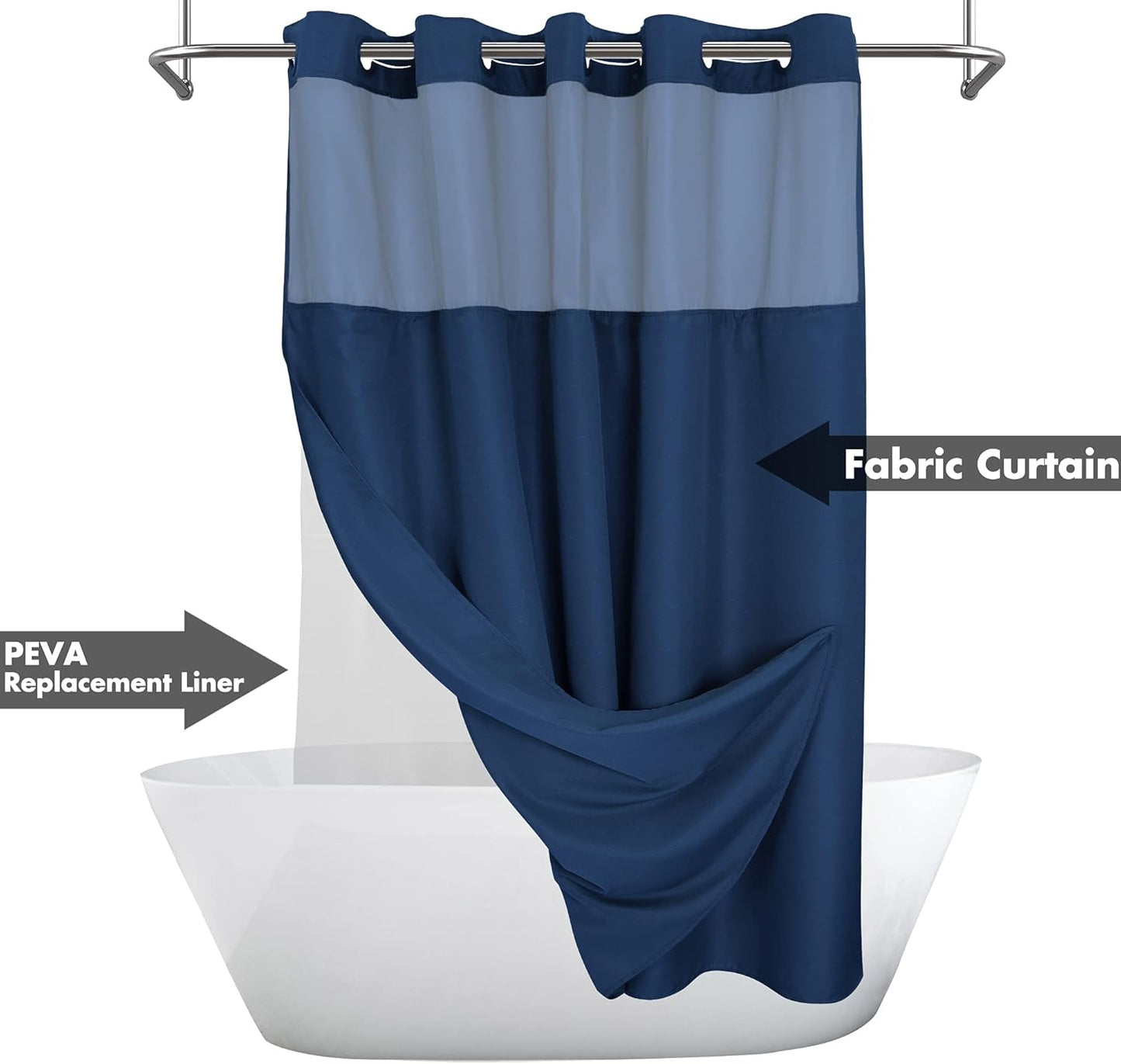 No Hook Slub Textured Shower Curtain with PEVA Liner Set - 71" x 74"(72"), Hotel Style with See Through Top Window, Machine Washable & Water Repellent Fabric, Navy Blue, 71x74